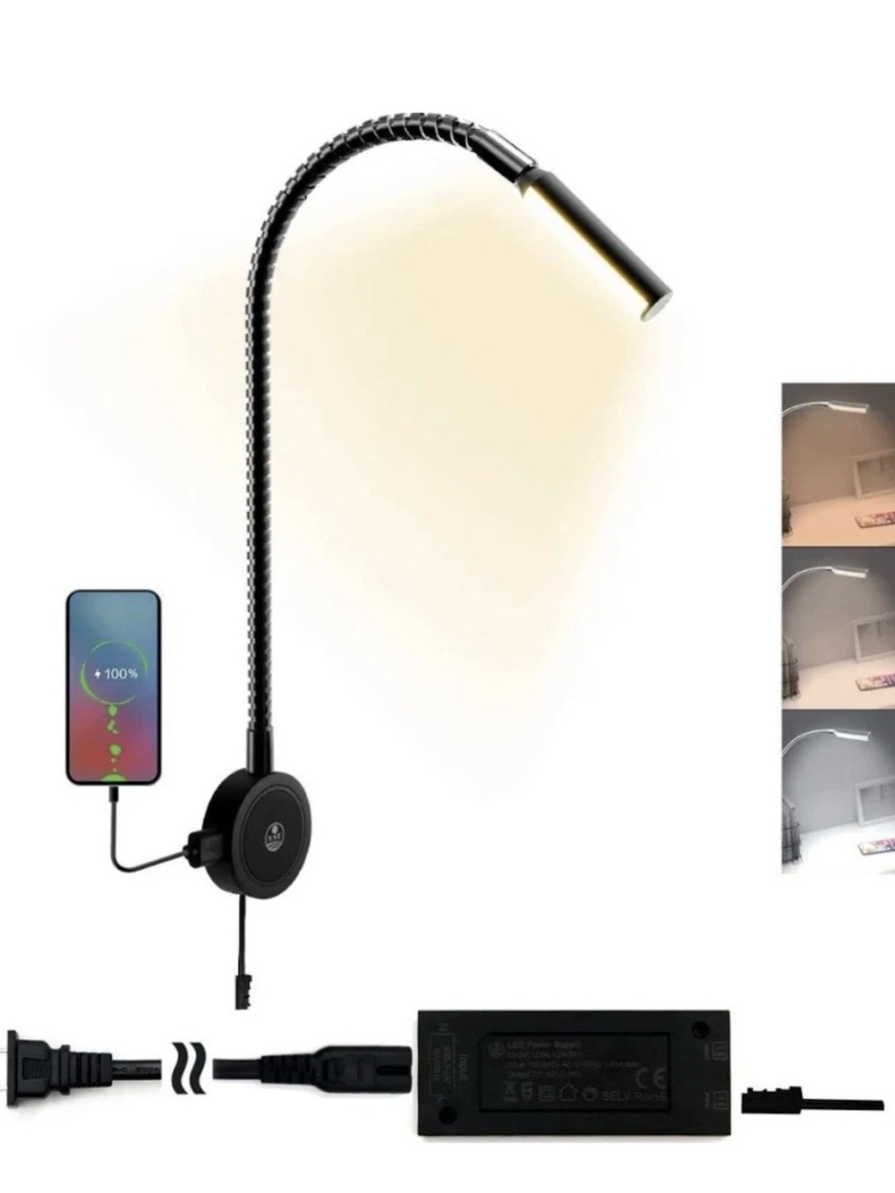 Wall Mounted LED Reading Light 360 Gooseneck Bedside Lamp with USB Charging New